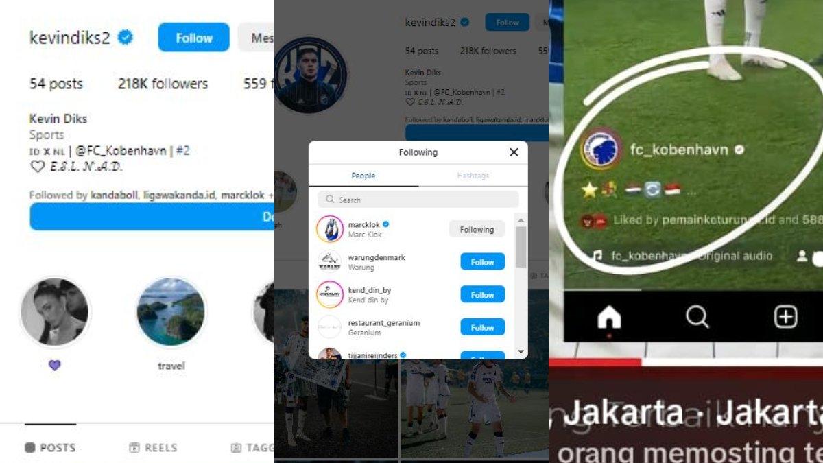 Bio Instagram Kevin Diks (kiri), Bintang Persib Bandung Marc Klok follow (tengah) dan kode dari FC Copenhagen (kanan).