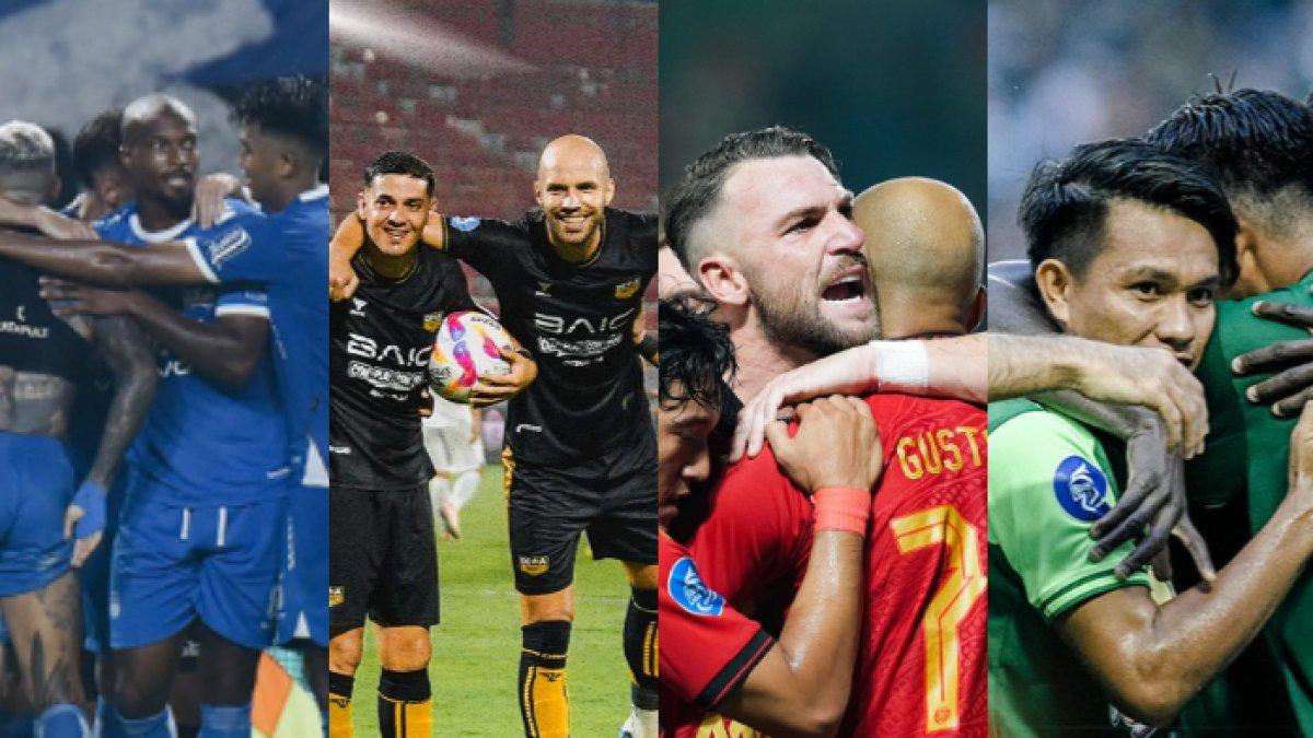 Kolase selebrasi 4 tim teratas di Liga 1 2024/2025 (kiri ke kanan) Persib Bandung, Dewa United, Persija Jakarta dan Persebaya Surabaya.