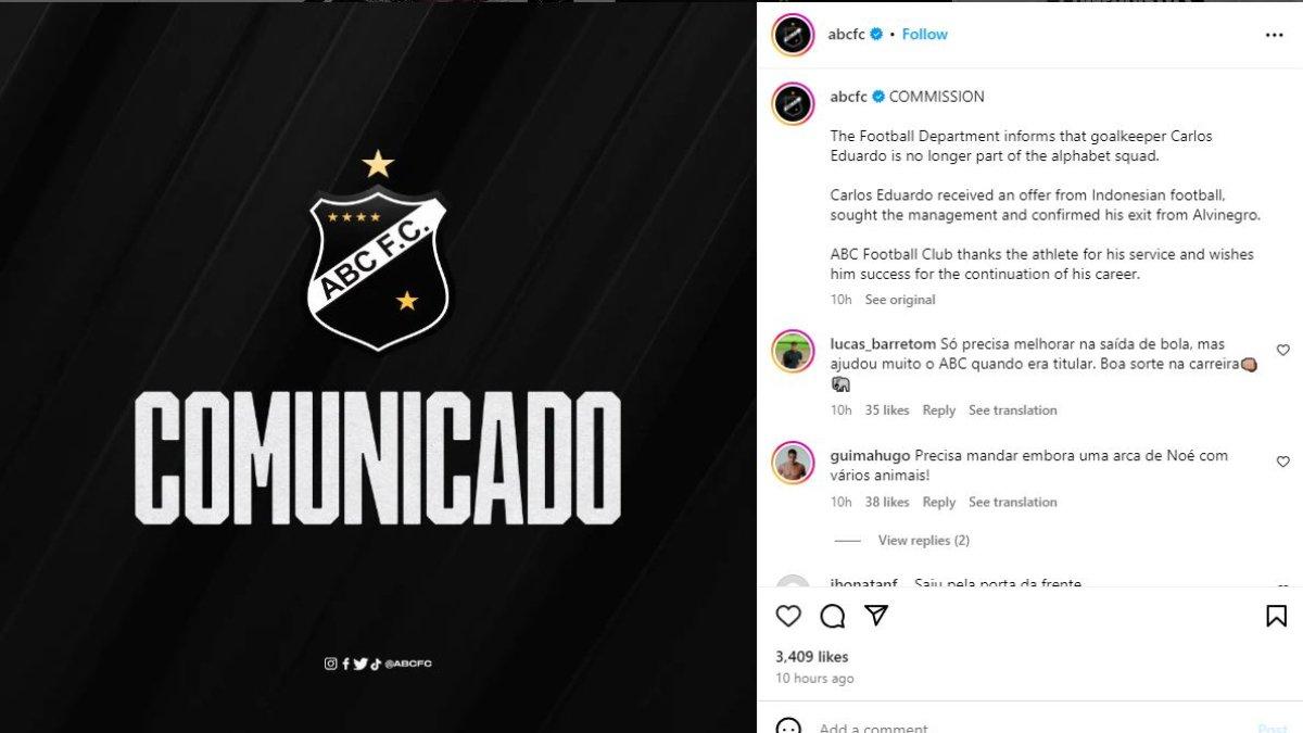 Klub kasta ketiga Liga Brasil, ABC FC telah melepas kipernya, Carlos Eduardo ke klub asal Indonesia, Rabu 7 Agustus 2024. Carlos Eduardo yang telah dilepas oleh ABC FC tersebut semakin memperbesar peluang Persija Jakarta untuk mendapatkan kiper asing di Liga 1 2024 mendatang.