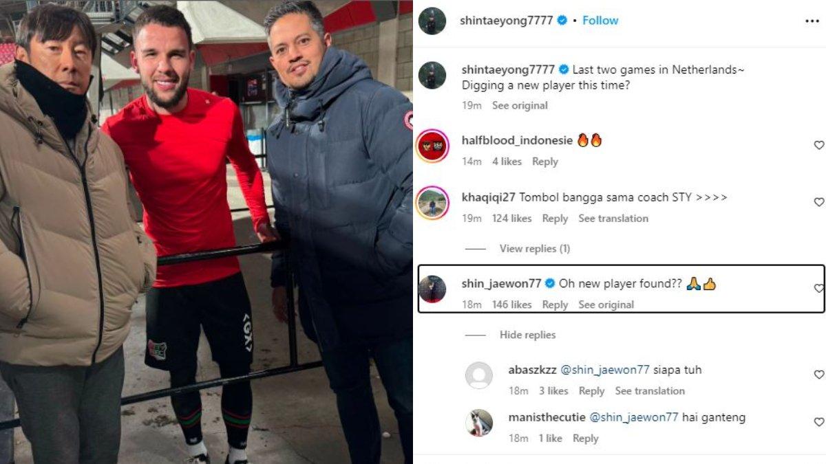 Pelatih Timnas Indonesia, yakni Shin Tae-yong (kiri) yang berfoto dengan sosok Calvin Verdonk (tengah) dan Fardy Bachdim (kanan) di Belanda dan dikira sudah mendapatkan pemain baru untuk skuad Garuda oleh sang anak Shin Jae-won.