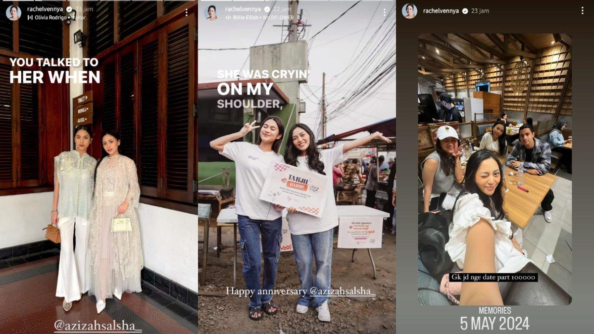 Kolase tangkapan layar cerita Instagram Rachel Vennya pada Selasa (20/8/2024), foto bersama Azizah Salsha menggunakan lagu Traitor - Olivia Rodrigo (kiri), foto bersama Azizah Salsha dengan lagu Wildflower - Billie Eilish (tengah), dan unggahan foto bersama Azizah Salsha dan Salim Nauderer (kanan).