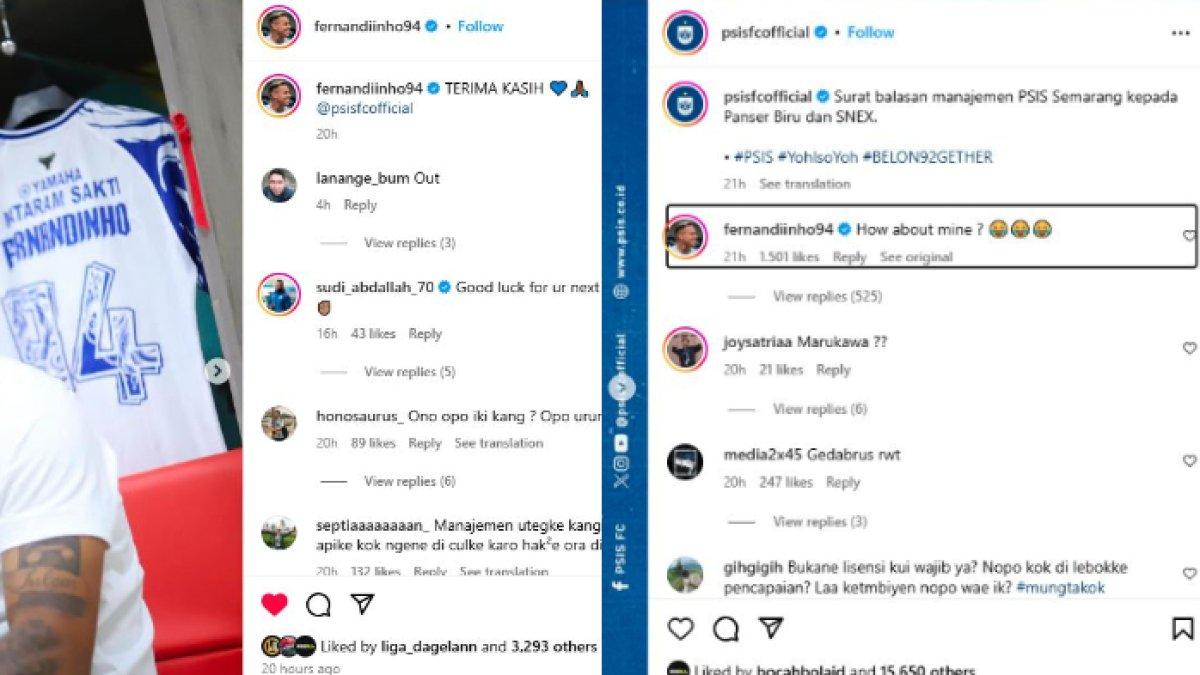 Kolase tangkapan layar unggahan perpisahan Fernandinho dengan PSIS Semarang (kiri) seiring sang pemain sempat memberi komentar menohok ke Laskar Mahesa Jenar (kanan) pada Senin (16/12) lalu.