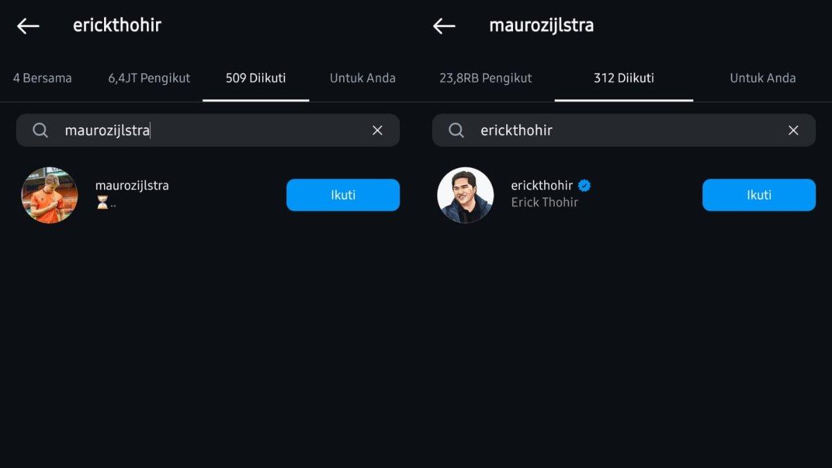 Kolase tangkapan layar Erick Thohir mulai mengikuti akun Mauro Zijlstra (kiri) dan akun milik Kevin Diks juga turut mengikuti kembali Instagram Erick Thohir (kanan).