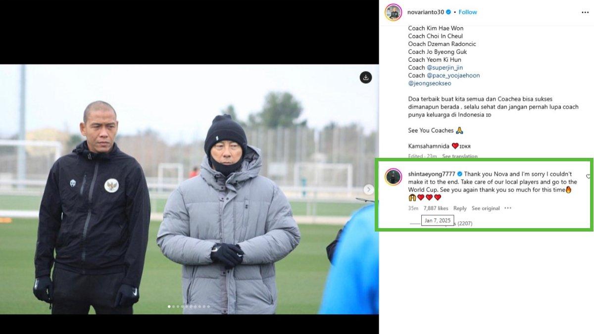 Komentar Shin Tae-yong pada unggahan Nova Arianto di Instagram.