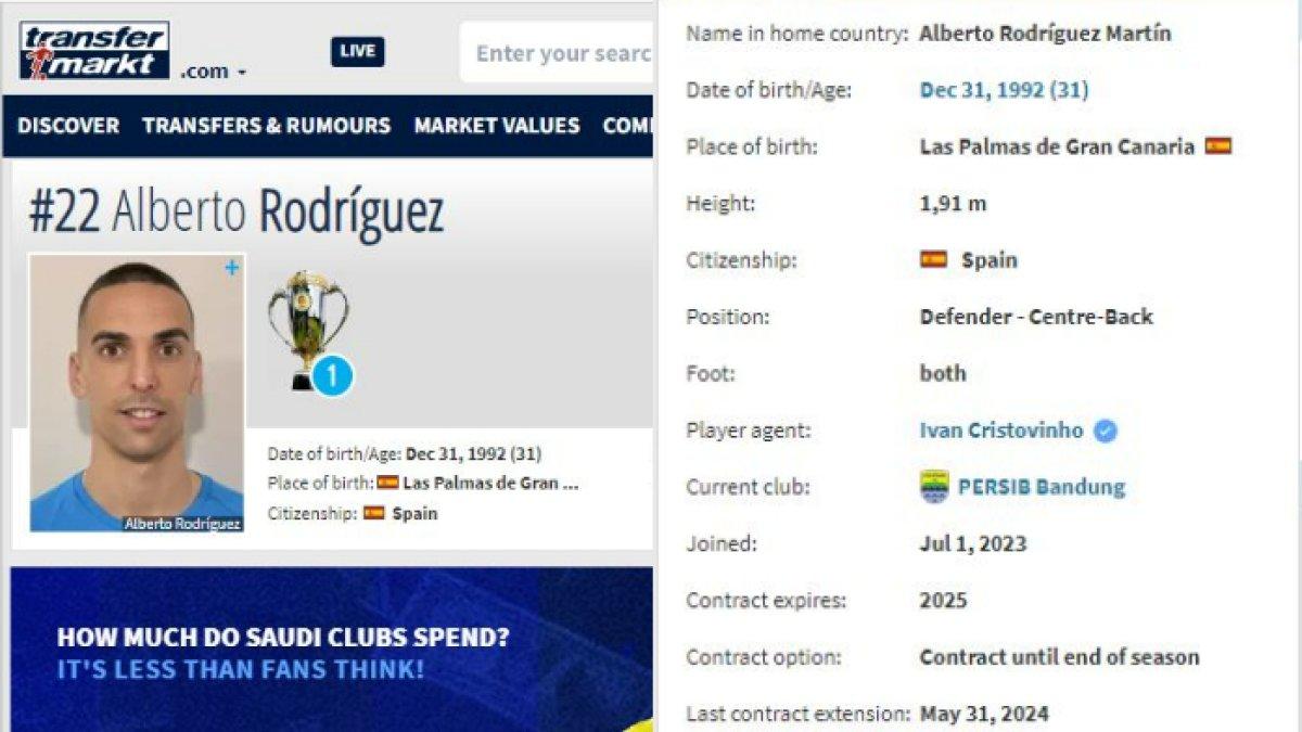 Kontrak bek asal Spanyol, Alberto Rodriguez bersama Persib Bandung sudah diperbarui di laman Transfermarkt.com, Selasa (2/7/2024). Kontrak Alberto Rodriguez diperpanjang hingga pada 2025.