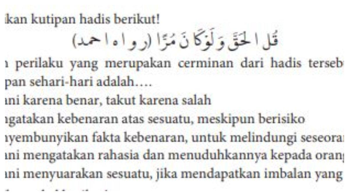 Kutipan Hadis Soal Pilihan Ganda Nomor 5 , yang terdapat pada Bab 8 Buku PAI SMA Kelas 10 Kurikulum Merdeka halaman 234.