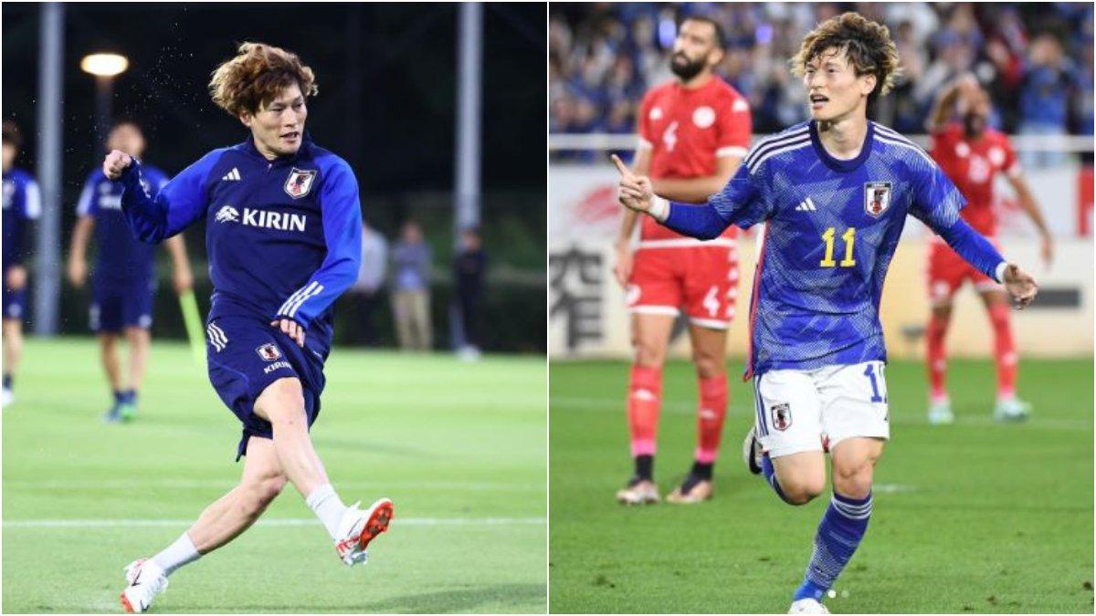 Potret Kyogo Furuhashi saat membela Timnas Jepang di ajang FIFA Matchday 2023. (12/10/2023).