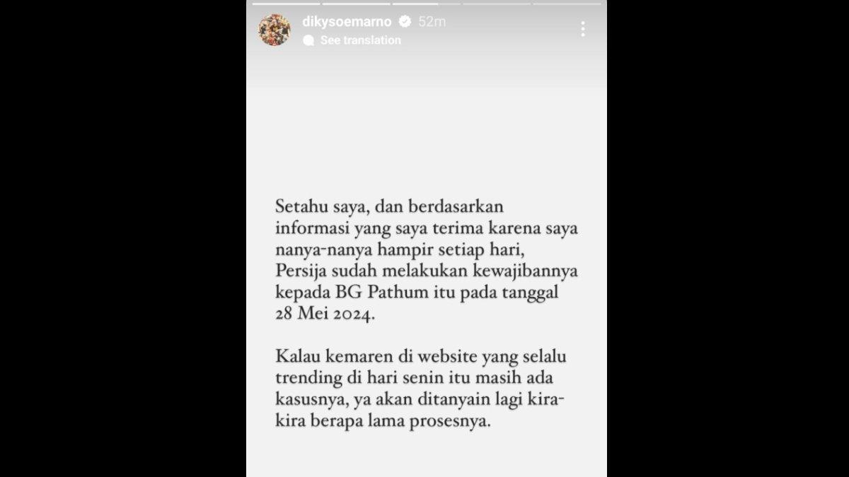 LARANGAN TRANSFER - Persija Jakarta disebut-sebut oleh Ketum Jakmania Diky Soemarno telah menyelesaikan kewajibannya dengan BG Pathum yang membuat Macan Kemayoran sempat mendapat larangan transfer dari FIFA, Selasa, 4 Juni 2024.