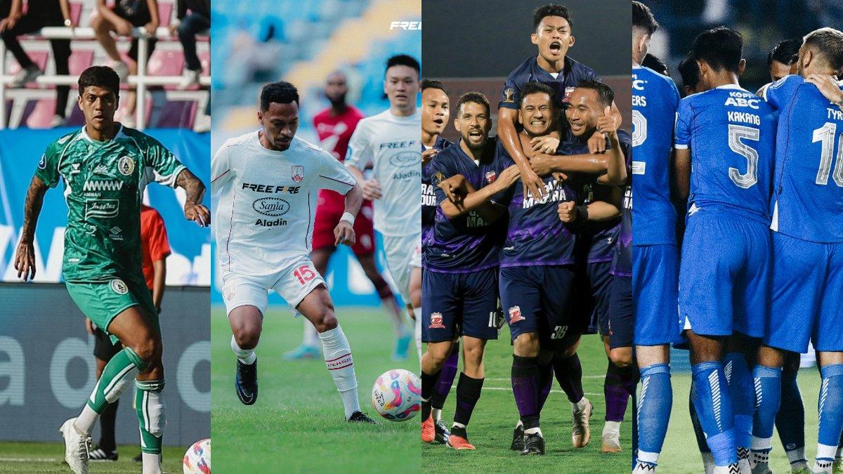 Para pemain PSS Sleman (kiri), Persis Solo (tengah kiri), Madura United (tengah kanan) dan Persib Bandung (kanan). Empat pelatih Liga 1 milik PSS Sleman, Persis Solo, Madura United, dan Persib Bandung dapat peringatan darurat.