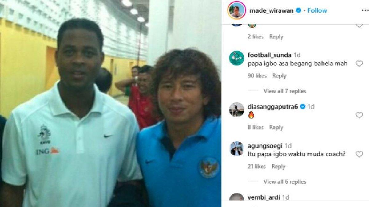 Potret kedekatan legenda Persib Bandung, Made Wirawan (kanan) dengan kandidat kuat pelatih Timnas Indonesia, Patrick Kluivert (kiri). Bobotoh langsung memberi respons kocak atas unggahan Made Wirawan tersebut, di mana Patrick Kluivert dianggap mirip seperti bek veteran Persib Bandung saat ini, yakni Victor Igbonefo.