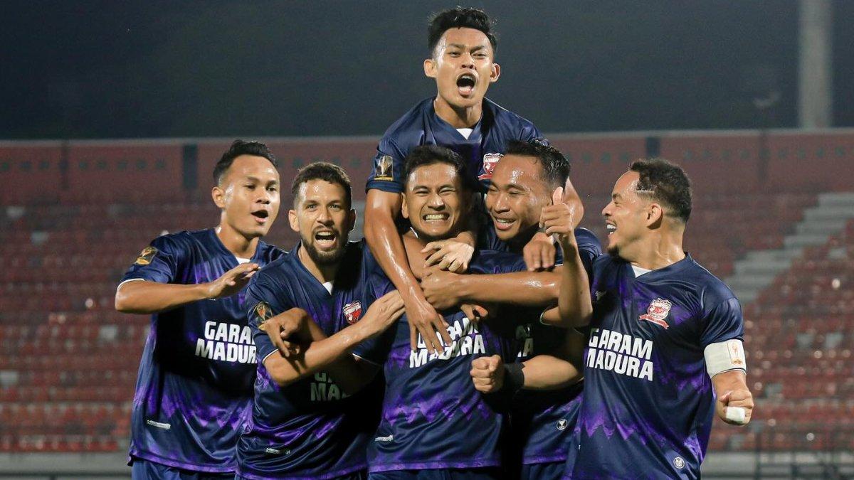 Potret selebrasi gol Haudi Abdillah bersama Madura United di gelaran Piala Presiden 2024.