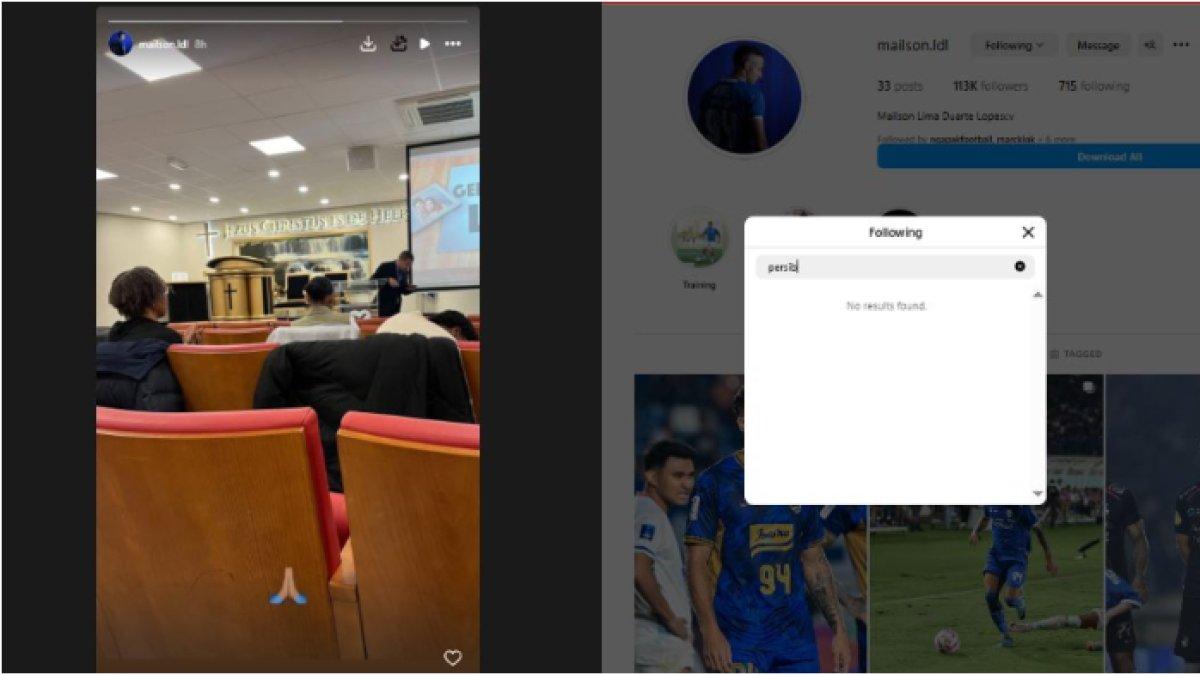 Potret InstaStory Mailson Lima di gereja (kiri) dan unfollow IG Persib Bandung (kanan).