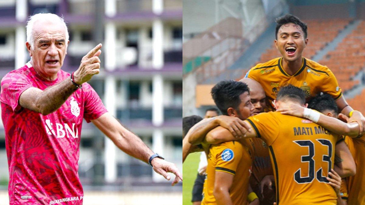 Pelatih Bhayangkara FC, Mario Gomez (kiri) dan selebrasi gol Bhayangkara FC (kanan).