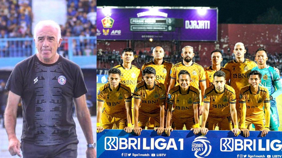 Kolase foto pelatih Mario Gomez saat masih menukangi Arema FC (Kiri) dan skuad Bhayangkara FC di Liga 1 2023 (kanan).