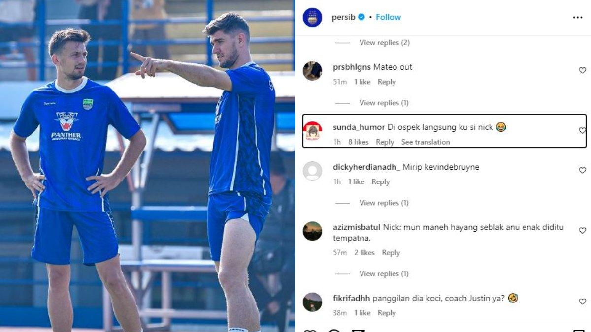 Momen bergabungnya sosok Mateo Kocijan di sesi latihan Persib Bandung dan langsung akrab dengan Nick Kuipers (kiri) mengundang reaksi dari para Bobotoh (kanan), Selasa, 9 Juli 2024.