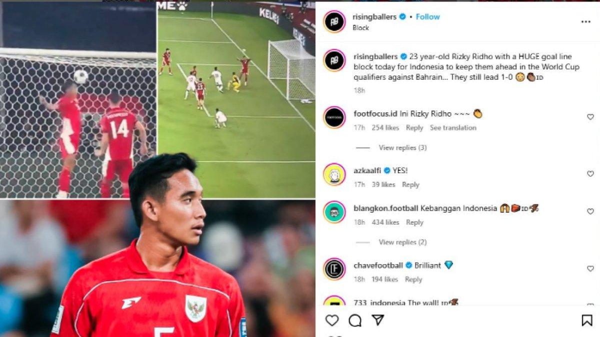 BUAT KESENGSEM - Media asing Rising Ballers sempat dibuat kesengsem dengan aksi penyelamatan krusial Rizky Ridho untuk menjaga Timnas Indonesia tetap unggul atas Bahrain di Kualifikasi Piala Dunia 2026, Selasa (25/3).