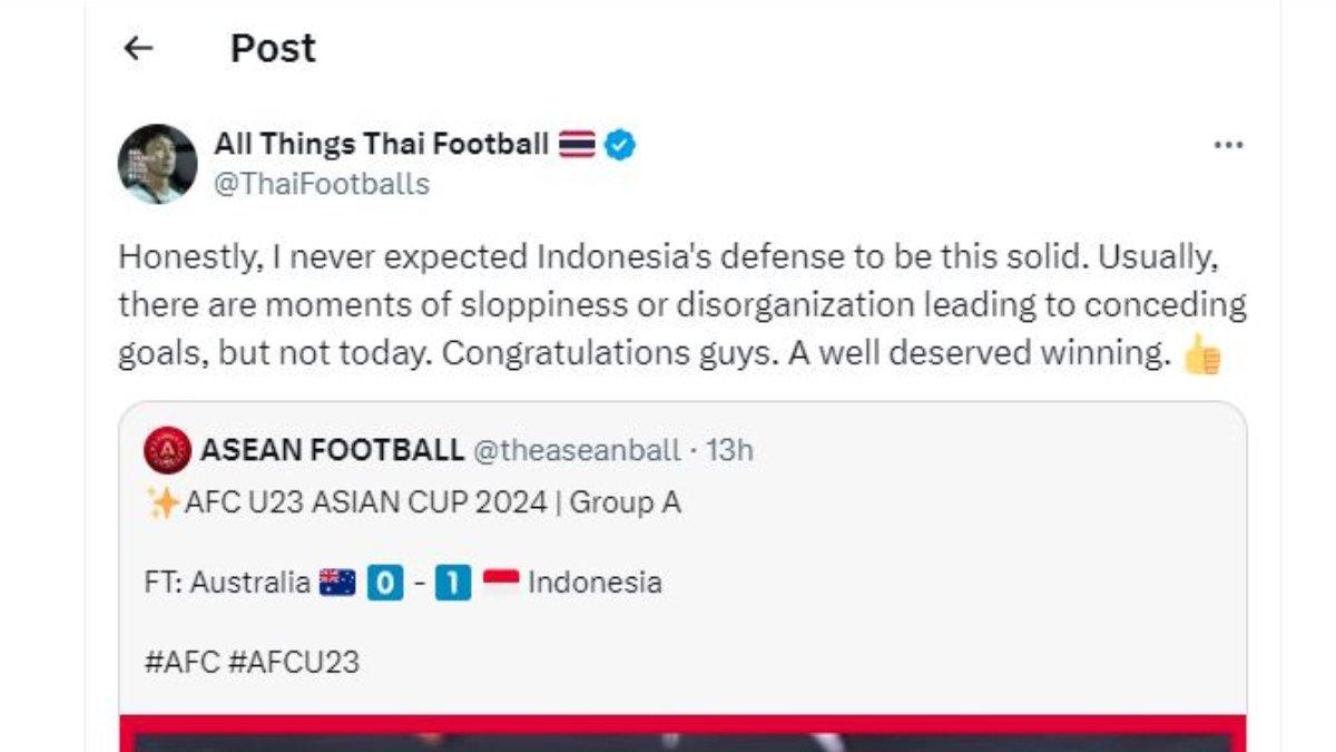 Media Thailand, All Things Thai Football sampai kaget Timnas Indonesia U-23 berhasil mengalahkan Australia di Piala Asia U-23 2024, Kamis, 18 April 2024.