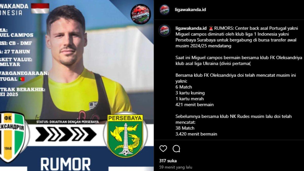 Rumor Persebaya Surabaya tengah dikaitkan dengan bek asing asal Portugal, Miguel Campos jelang berakhirnya Liga 1 2023, Rabu, 17 April 2024.
