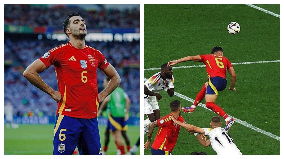 Potret Mikel Merino berseragam Timnas Spanyol (kiri) dan sundulan Mikel Merino di menit ke-119 berhasil membawa spanyol menang atas Jerman di babak perempat final EURO 2024 (kanan).
