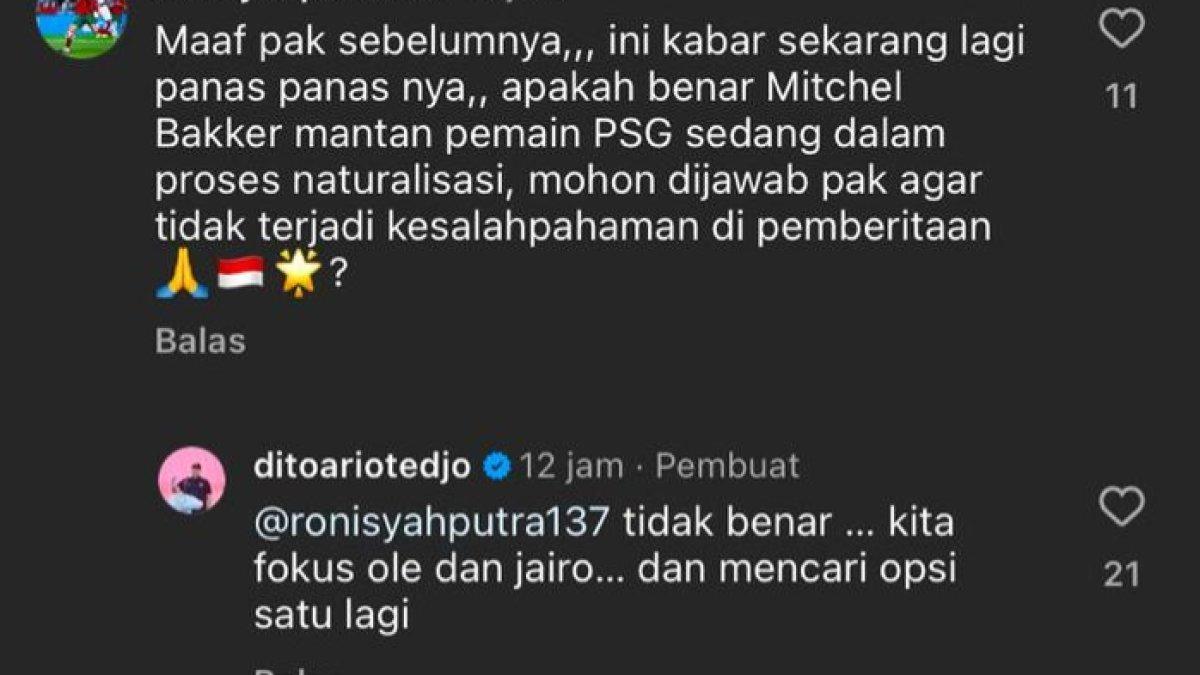 Menpora Dito Ariotedjo mengklarifikasi bahwa Mitchel Bakker tak jadi dinaturalisasi oleh Timnas Indonesia, Rabu (15/1).