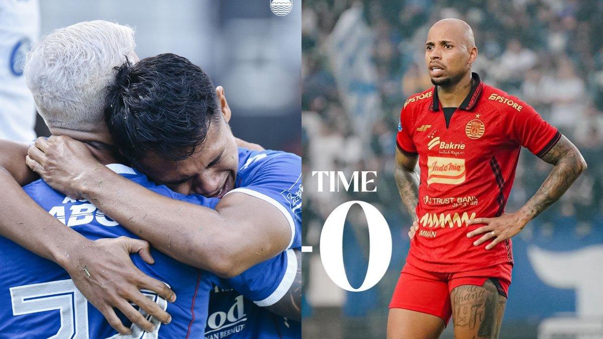 Kolase foto selebrasi para pemain Persib Bandung (kiri) dan raut kekecewaan striker Persija Jakarta Gustavo Almeida (kanan) di pekan keenam Liga 1 2024.
