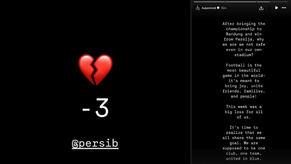 Unggahan Nick Kuipers setelah Persib Bandung gulung Persija Jakarta dengan skor 2-0 pada pekan keenam Liga 1 2024/2025, Senin (23/9/2024).