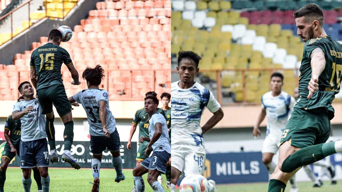 Momen Nikola Kovacevic saat berduel dengan lawan pada gelaran Liga 1 2023/2024.
