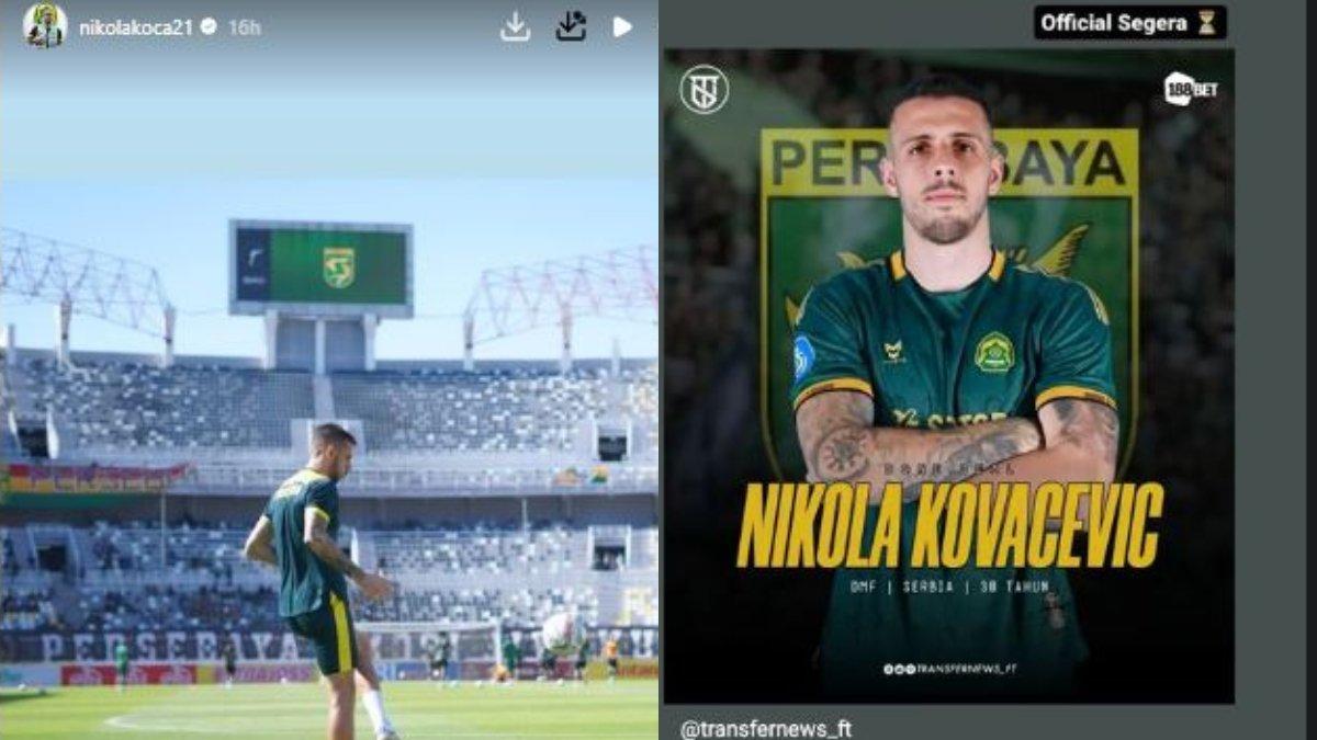 Kode dari Instagram pribadi Nikola Kovacevic (kiri) dan rumor mengenai kans kepindahannya ke Persebaya Surabaya.