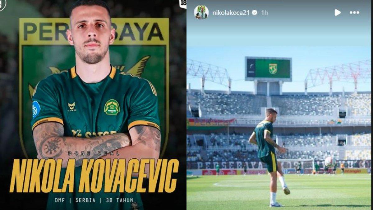 Kolase foto rumor Nikola Kovacevic bakal gabung Persebaya Surabaya (kiri) dan sang pemain sudah memamerkan aksi latihannya di kandang Bajul Ijo lewat Instagram pribadinya (kanan) pada Selasa, 6 Agustus 2024.