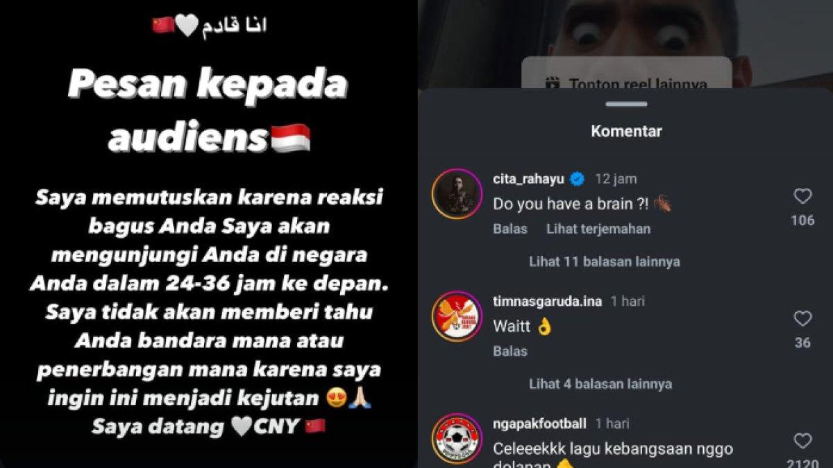 Capture tantangan Noaimi kepada suporter Timnas Indonesia (kiri) dan ultimatum Cita Citata (kanan).