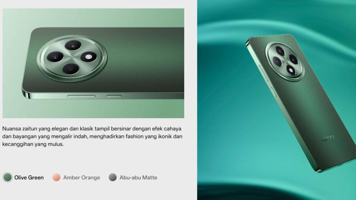 Tampilan Oppo Reno12 F 4G: Olive Green, Amber Orange, dan Abu-Abu Matte.