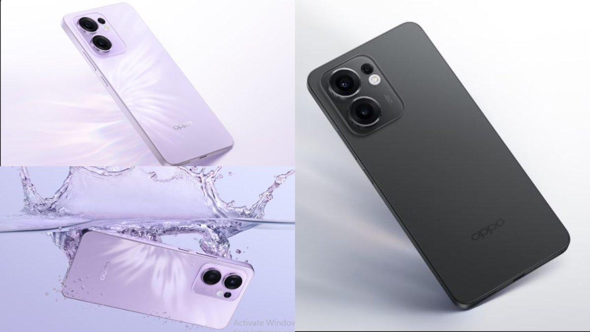 HARGA HP OPPO - Tampilan Oppo Reno13 F dalam dua varian warna, Plume Purple (kiri) dan Graphite Grey (kanan). Opo Reno13 F 4G tahan terhadap guyuran air (kiri bawah).