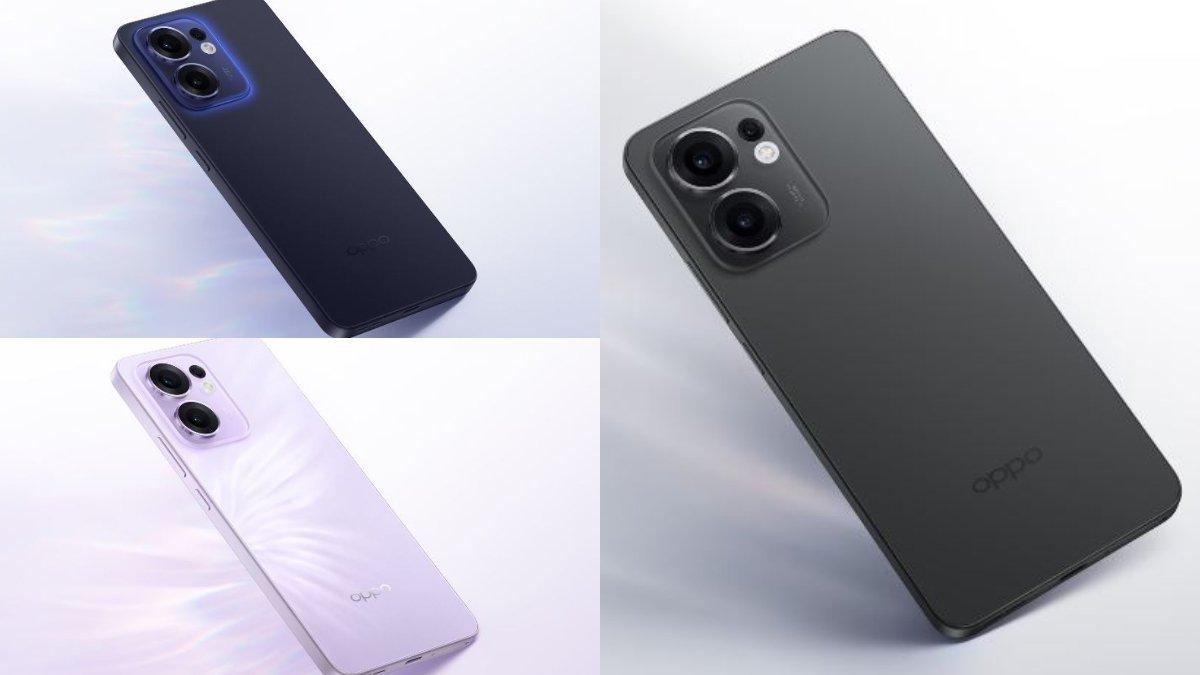 HARGA HP OPPO - Tampilan Oppo Reno13 F 5G, tersedia dalam 3 warna yakni Plume Purple (kiri bawah), Luminos Blue (kiri atas), dan Graphite Grey (kanan).