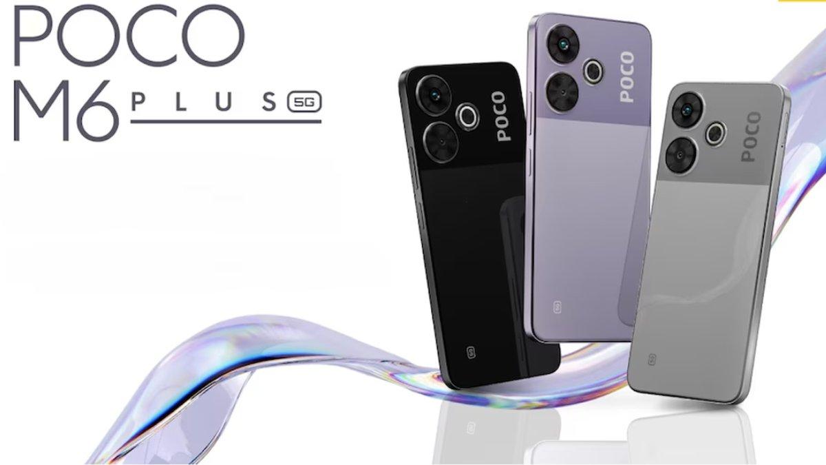 Tampilan POCO M6 Plus yang berikan tiga pilihan warna: Black, Purple, dan Silver.