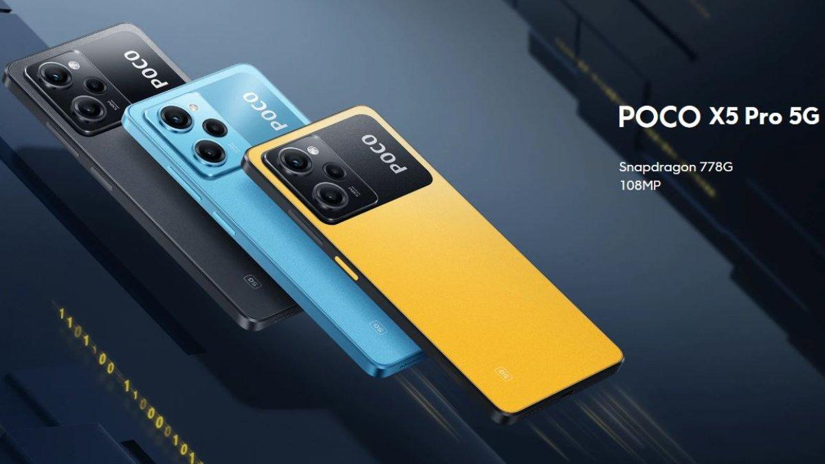 Tampilan desain bodi belakang POCO X5 Pro 5G yang hadirkan 3 warna menawan: Astral Black, Horizon Blue, Poco Yellow.