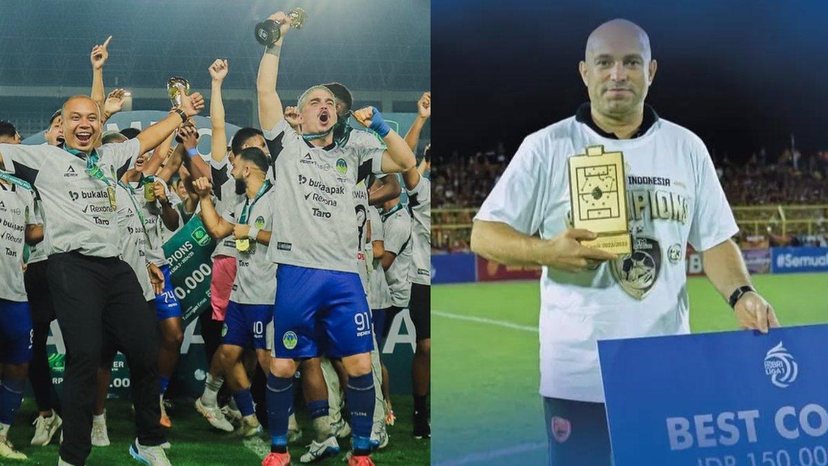 Foto skuad PSIM Yogyakarta berselebrasi seusai keluar menjadi juara Liga 2 2024/2025 (kiri) dan pelatih PSM Yogyakarta (kanan).