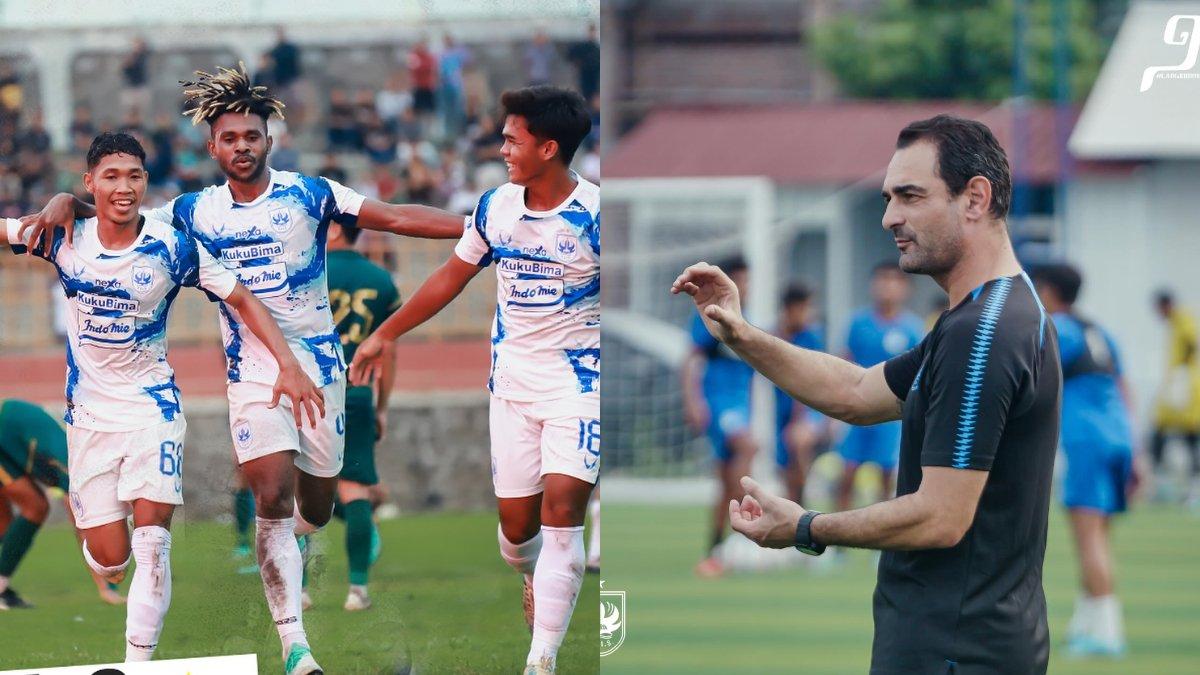 Kolase cuplikan selebrasi pemain PSIS Semarang saat melawan Persip Pekalongan (kiri) dan pelatih Laskar Mahesa Jenar, Gilbert Agius (kanan).