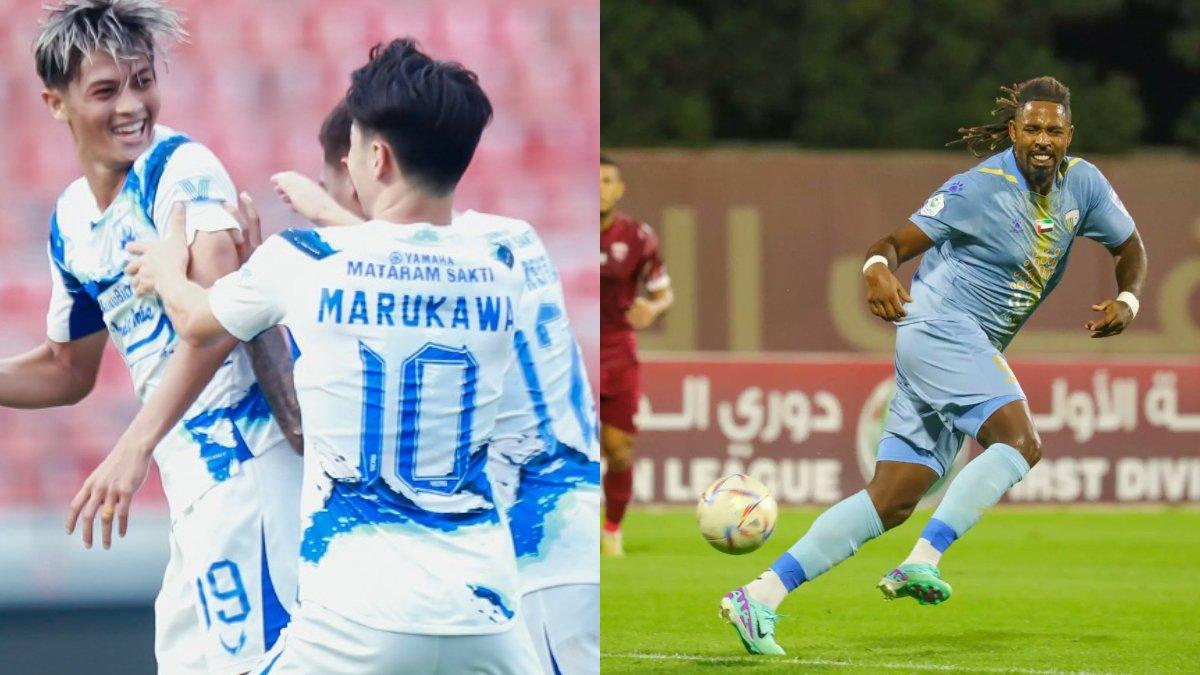 Kolase foto PSIS Semarang yang merayakan golnya ke gawang Arema FC di pekan ke-24 Liga 1 2023 (kiri) dan sang mantan, Carlos Fortes kala membela tim barunya di Liga Uni Emirat Arab, Al Dhafra FC (kanan).