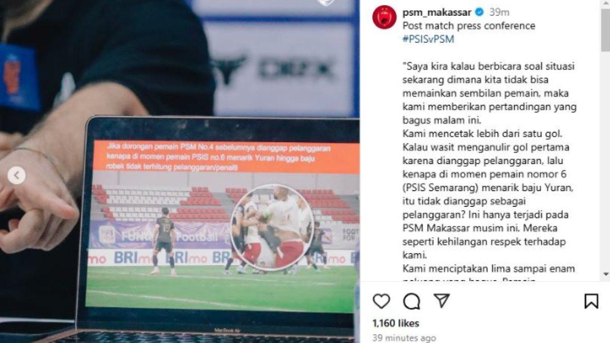 PROTES KERAS - Pelatih PSM Makassar, Bernardo Tavares sempat melayangkan protes keras kepada wasit pemimpin laga melawan PSIS Semarang di pekan ke-23 Liga 1 2024 seiring adanya beberapa keputusan kontroversial yang terjadi di pertandingan yang digelar pada Minggu (16/2) malam pukul 19.00 WIB. PSM Makassar mencuri satu poin di kandang PSIS Semarang dalam laga yang berakhir imbang 1-1 tersebut.