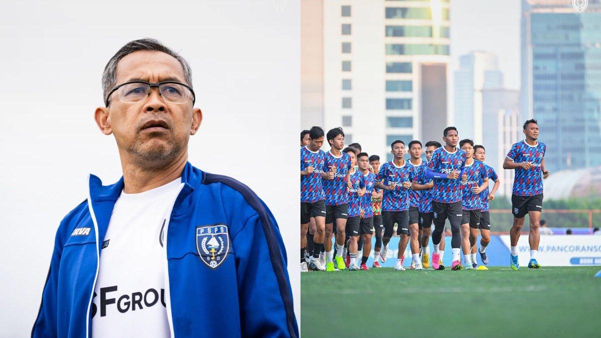 Sosok pelatih kepala PSPS Riau, Aji Santoso (kiri) dan sesi latihan bersama PSPS Riau (kanan).
