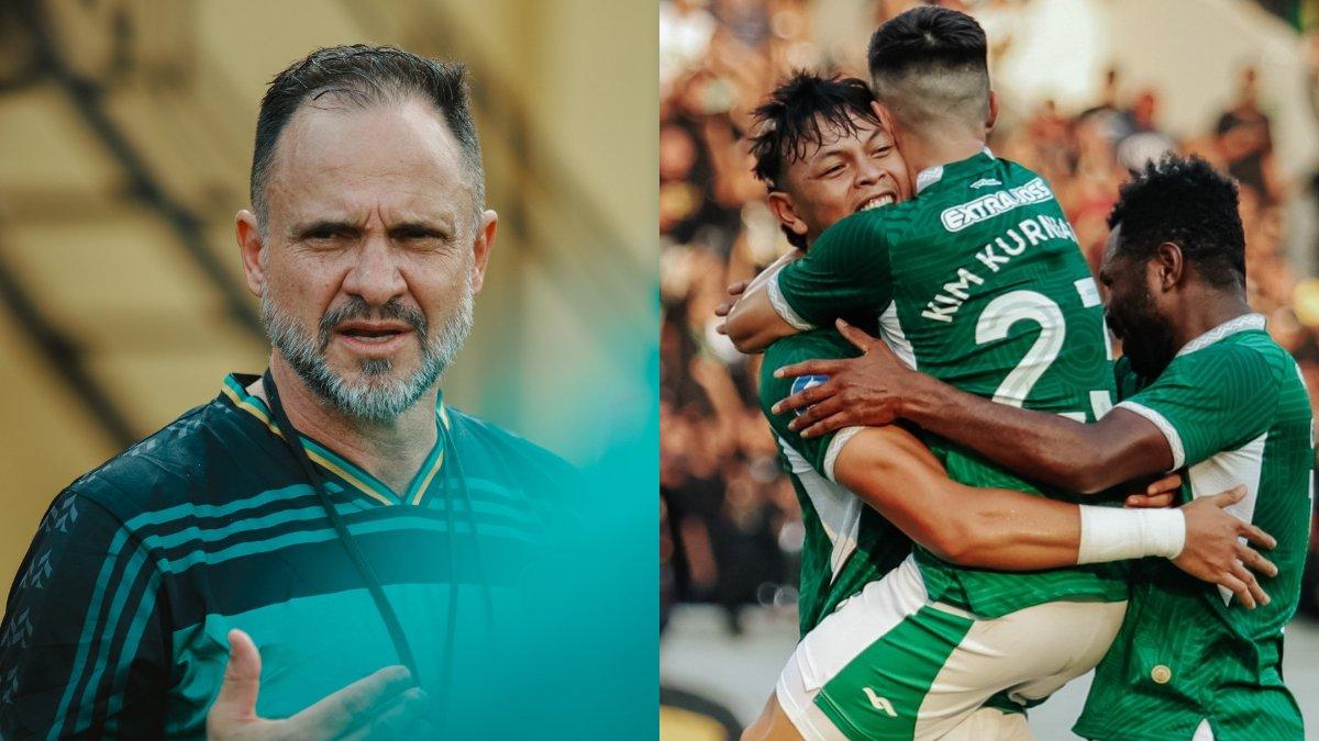 Sosok pelatih anyar PSS Sleman asal Brasil, Wagner Lopes saat pimpinan latihan perdana Super Elja (kiri) dan selebrasi gol para pemain PSS Sleman pada gelaran Liga 1 2023/2024.