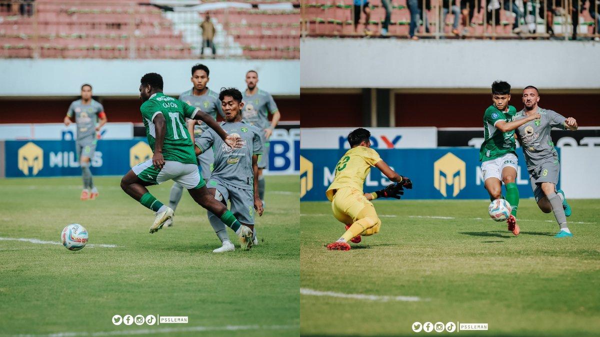 Kolase cuplikan pertandingan PSS Sleman melawan Persebaya Surabaya di pekan ke-10 Liga 1 2023.