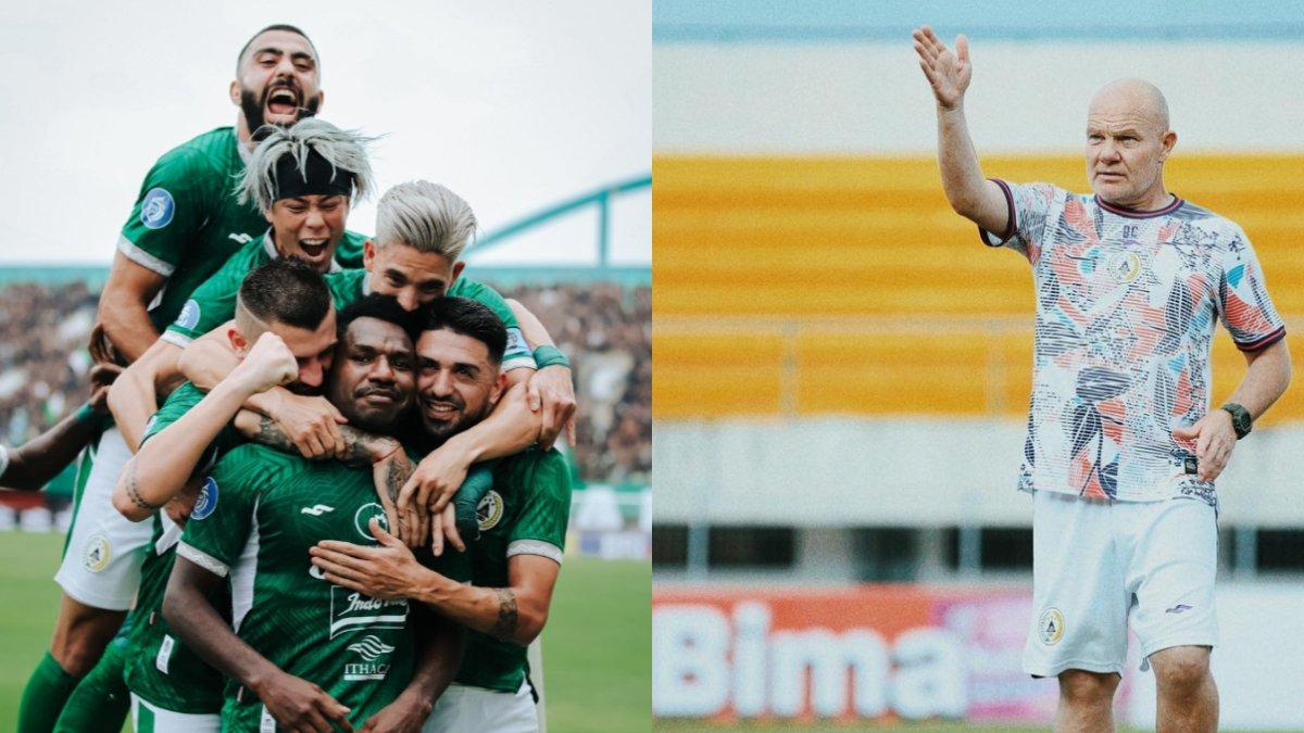Skuad PSS Sleman (kiri) dan Bertrand Crasson (kanan).