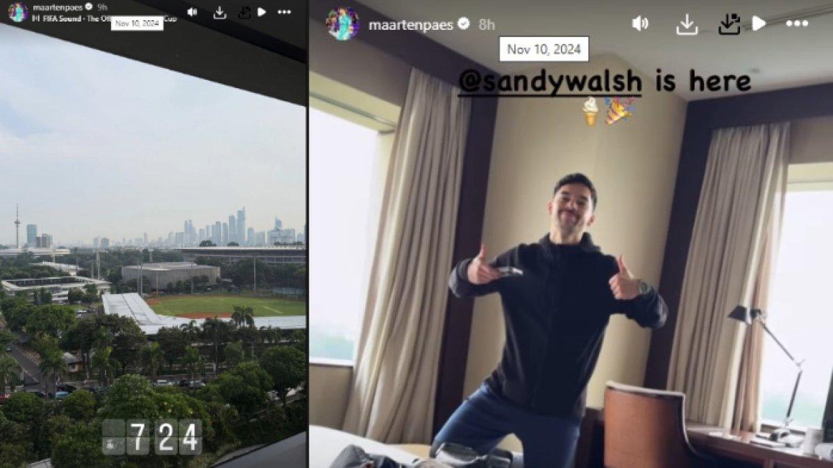 InstaStory Kiper Timnas Indonesia, Maarten Paes yang memperlihatkan dirinya sudah di Indonesia (kiri) dan mempertontonkan Sandy Walsh (kanan).