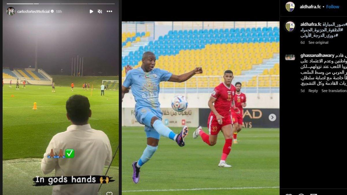 Kolase eks PSIS Semarang Carlos Fortes yang sedang mengikuti sesi latihan di tim barunya (kiri) yang disinyalir adalah klub Liga Uni Emirat Arab, Al-Dhafra FC (kanan) berkat kemiripan tribun penonton.