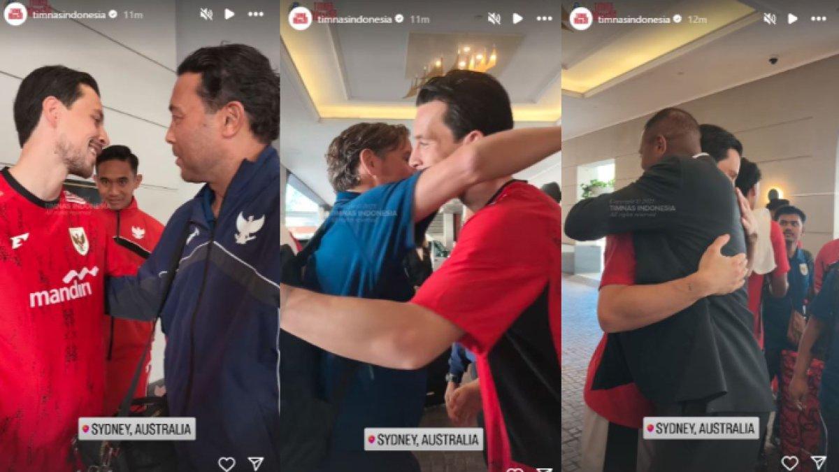 AKHIRNYA BERTEMU - Kolase foto momen pertemuan para pemain Timnas Indonesia dan jajaran kepelatihan skuad Garuda di Sydney, Senin (17/3) sebelum laga Kualifikasi Piala Dunia 2026 Zona Asia kontra Australia. Thom Haye tampak antusias menyambut tiga pelatih Timnas Indonesia, yakni Denny Landzaat (kiri), Alex Pastoor (tengah), dan Patrick Kluivert (kanan).