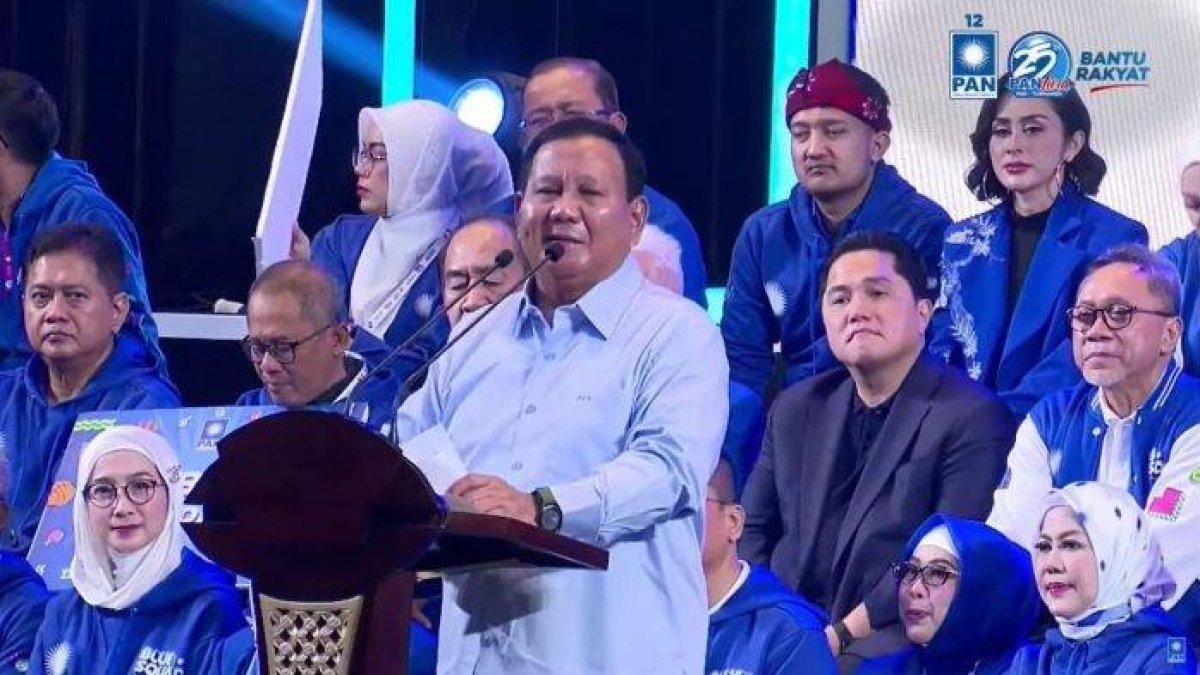 Ketua Umum Partai Gerindra Prabowo Subianto berpidato di acara HUT ke-25 Partai Amanat Nasional (PAN) di Kawasan Jakarta, Senin (28/8/2023).