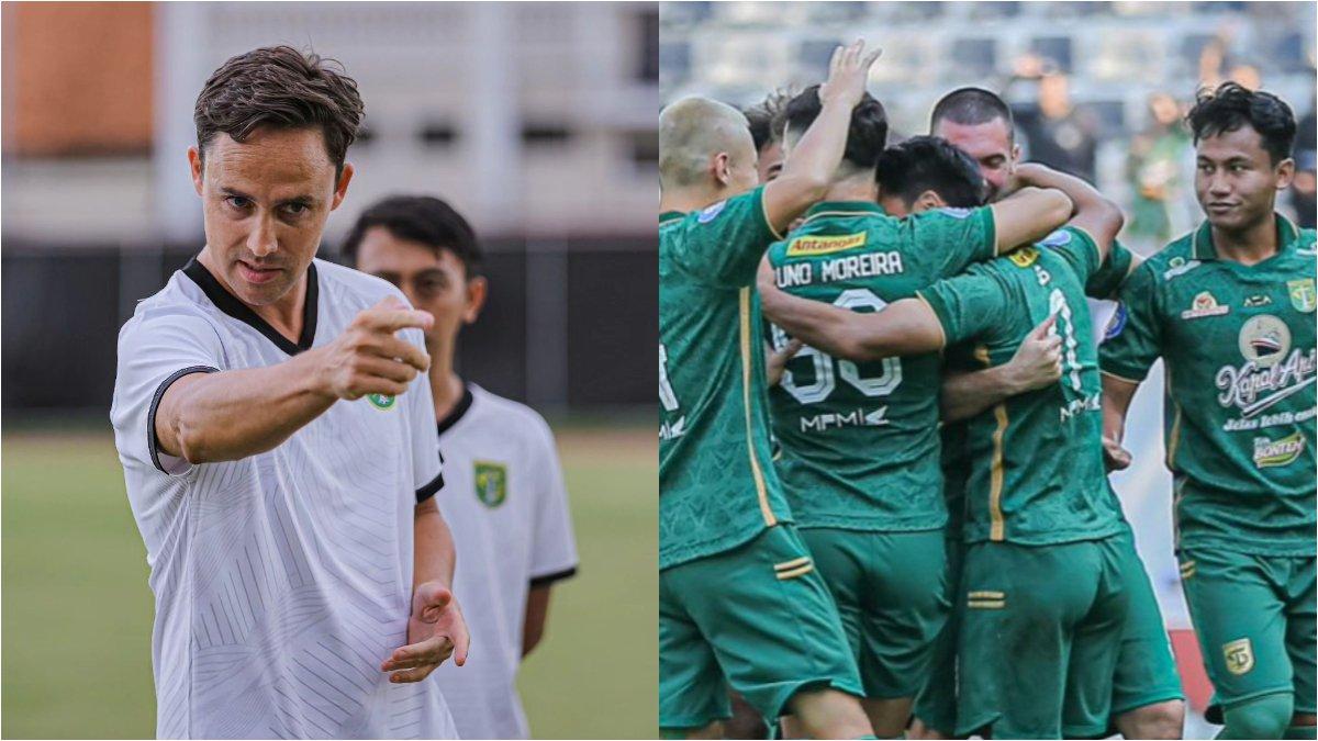 Pelatih anyar Persebaya Surabaya Paul Munster (kiri) dan skuad Persebaya Surabaya (kanan).