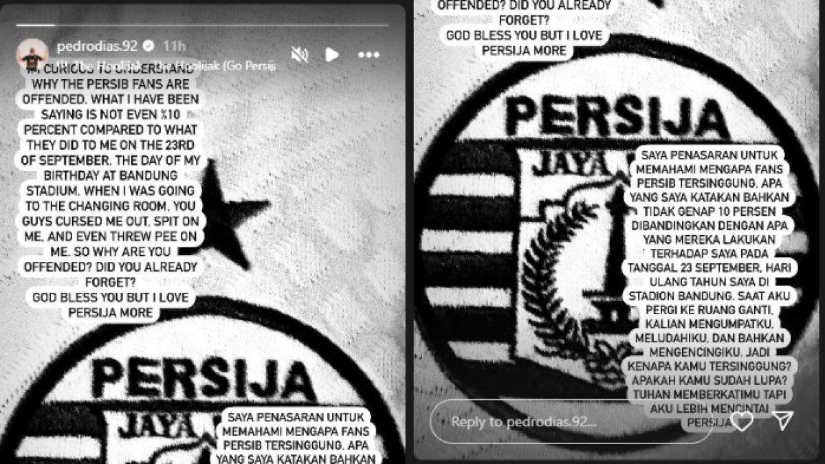 SEMPAT CURHAT - Mantan bek asing Persija Jakarta, yakni Pedro Dias sempat curhat atas apa yang ia alami ketika bertandang ke markas Persib Bandung di putaran pertama Liga 1 2024 lalu lewat Instagram pribadinya, Minggu (16/2). Pedro Dias mengaku sempat mendapat umpatan dan dilempari air kencing.