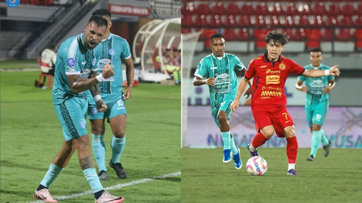 Julian Velazquez saat selebrasi setelah berasil mencetak gol lawan Persija Jakarta (kiri), dan foto pertandingan PSBS Biak vs Persija Jakarta (kanan)